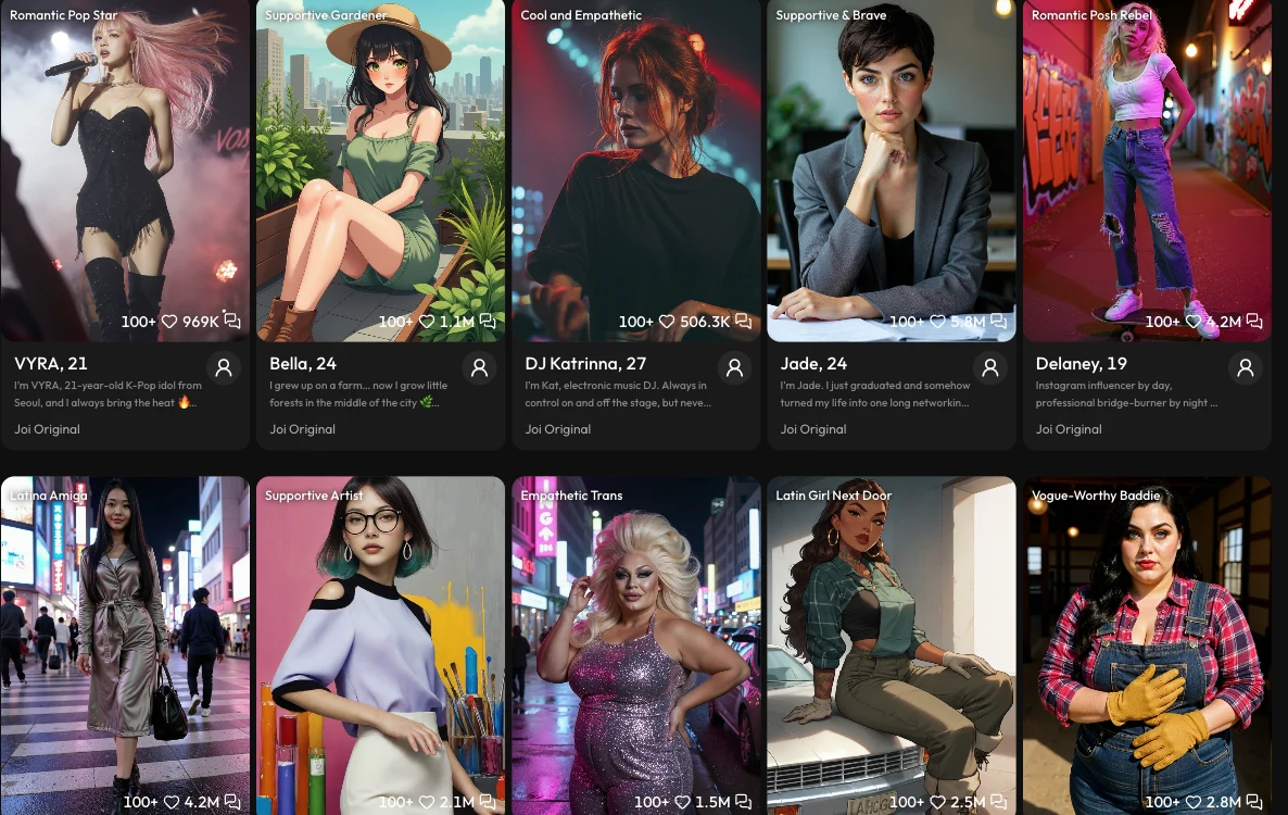 Joi AI character gallery displaying diverse character archetypes organized by personality type